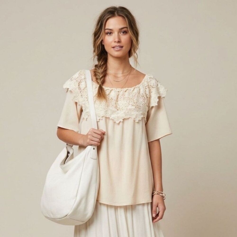 Umgee Boho Crochet Lace Cotton Blouse Flutter Sleeves Small Ivory Romantic Flowy